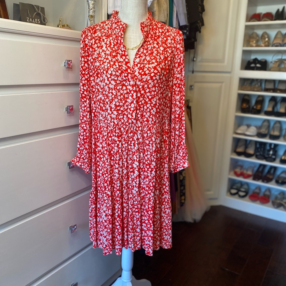 JCrew Red and White Flowered Tiered Shirtdress.  Size S